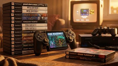 Dispositivo portátil Yoniq Duo apoyado en una mesa junto a una torre de juegos de PlayStation 2 y una televisión antigua de tubo.