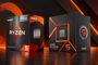 Cajas comerciales de procesadores AMD Ryzen 5 sobre un fondo con motivos circulares naranjas.