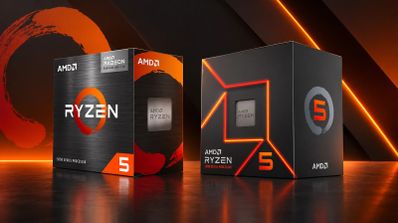 Cajas comerciales de procesadores AMD Ryzen 5 sobre un fondo con motivos circulares naranjas.