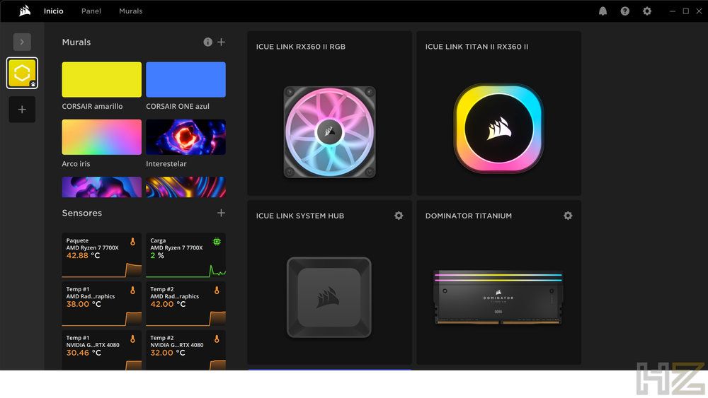Interfaz del software Corsair iCUE mostrando la gestión de componentes y sensores de temperatura.