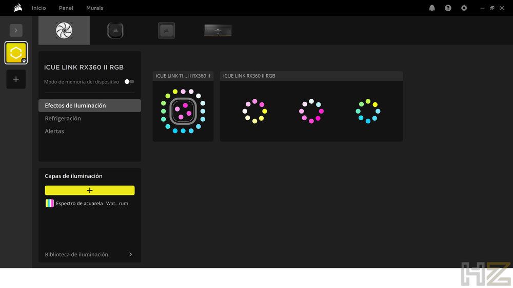Panel de configuración de efectos de iluminación en el software Corsair iCUE para el ecosistema iCUE LINK.