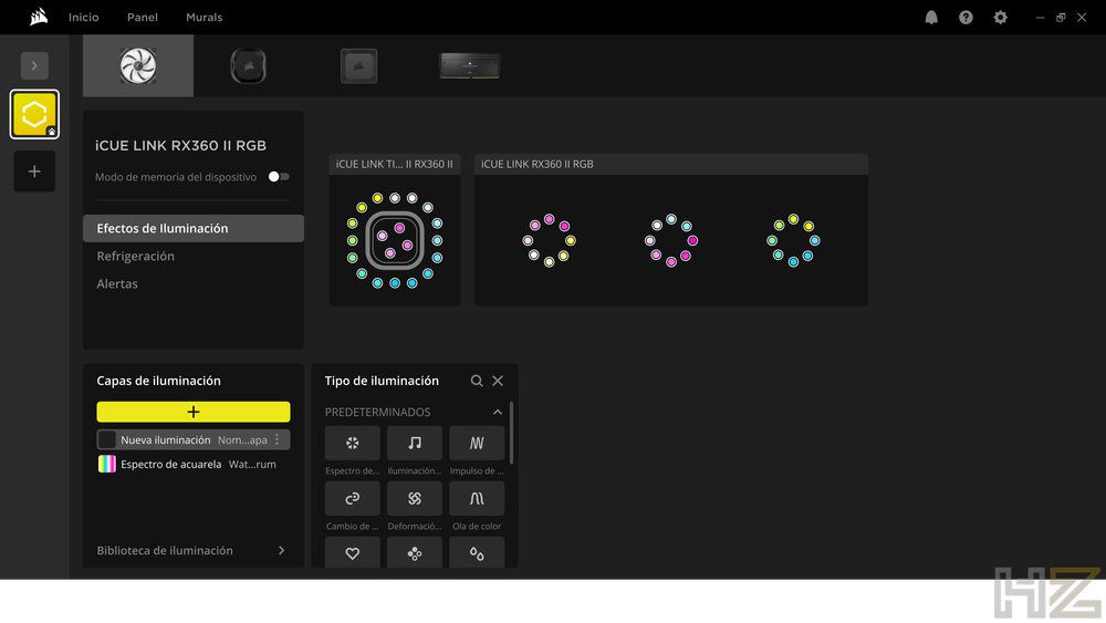 Interfaz de software iCUE para la configuración de efectos de iluminación RGB en componentes Corsair.