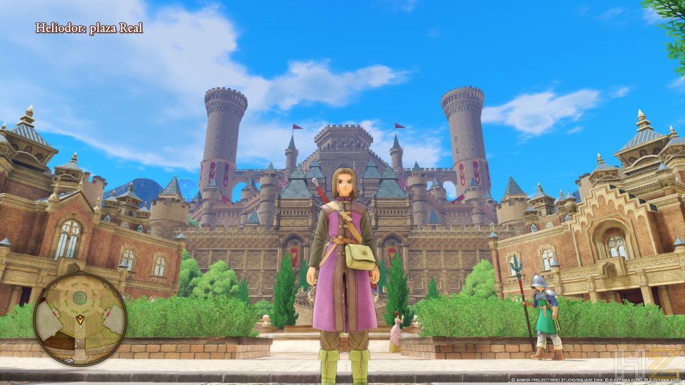 Protagonista de Dragon Quest XI frente al castillo de Heliodor en la versión para Nintendo Switch 2.