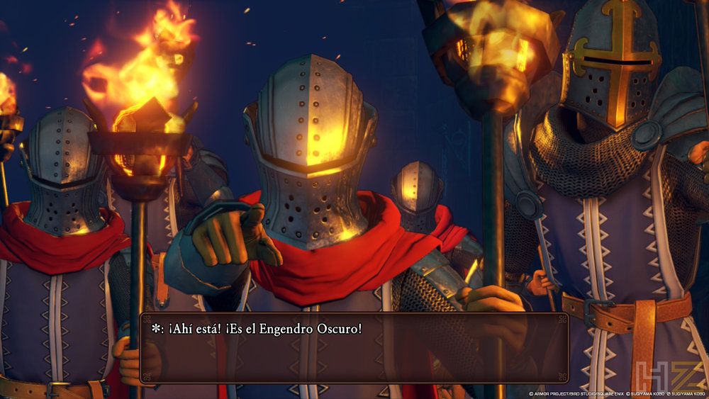 Soldados con armadura y antorchas señalando en una escena de Dragon Quest XI para Switch 2.