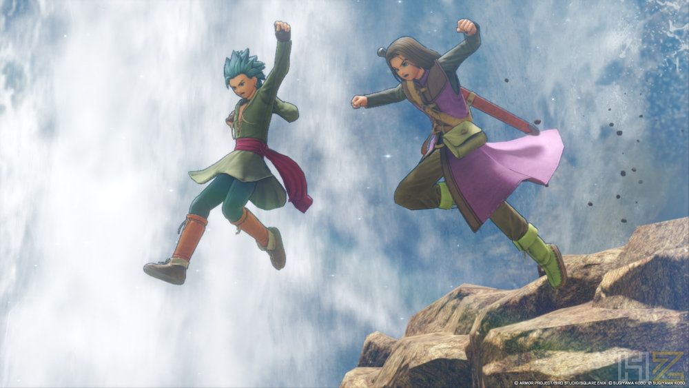 Erik y el Luminario saltando desde un precipicio frente a una cascada en Dragon Quest XI.