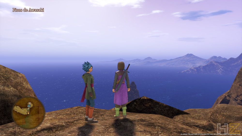 Captura de pantalla de Dragon Quest XI en un acantilado frente al mar con dos personajes.