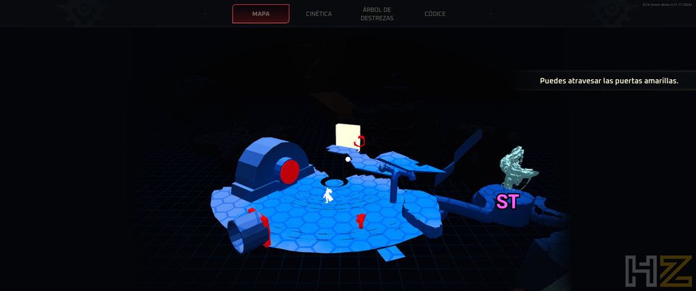 Vista del mapa en tres dimensiones dentro de Elta Defy All Gods con iconos de puntos de interés sobre fondo oscuro.