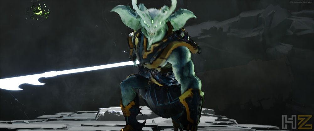 Personaje de aspecto demoníaco con armadura y una lanza brillante en una escena del juego Elta Defy All Gods 23.