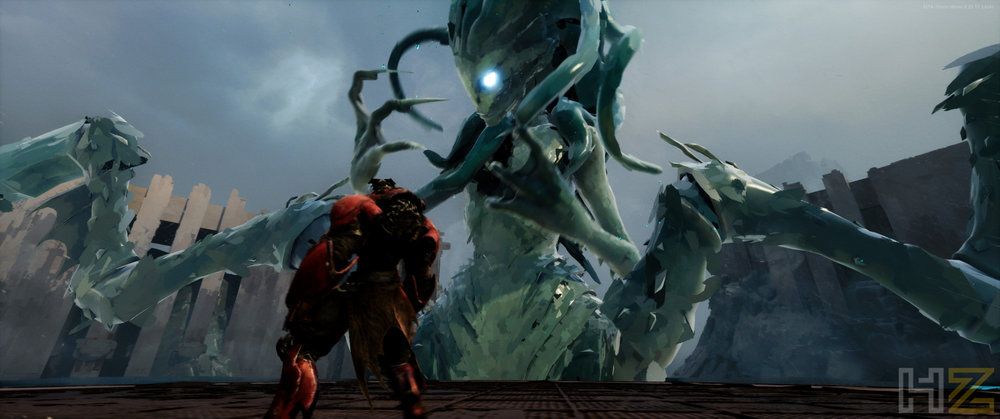 Encuentro entre un guerrero con armadura roja y una criatura colosal de aspecto espectral en Elta Defy All Gods.