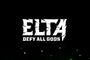 Logotipo en blanco de Elta Defy All Gods sobre fondo negro con pequeñas motas verdes en la parte inferior.