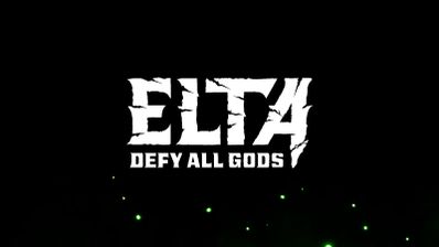 Logotipo en blanco de Elta Defy All Gods sobre fondo negro con pequeñas motas verdes en la parte inferior.