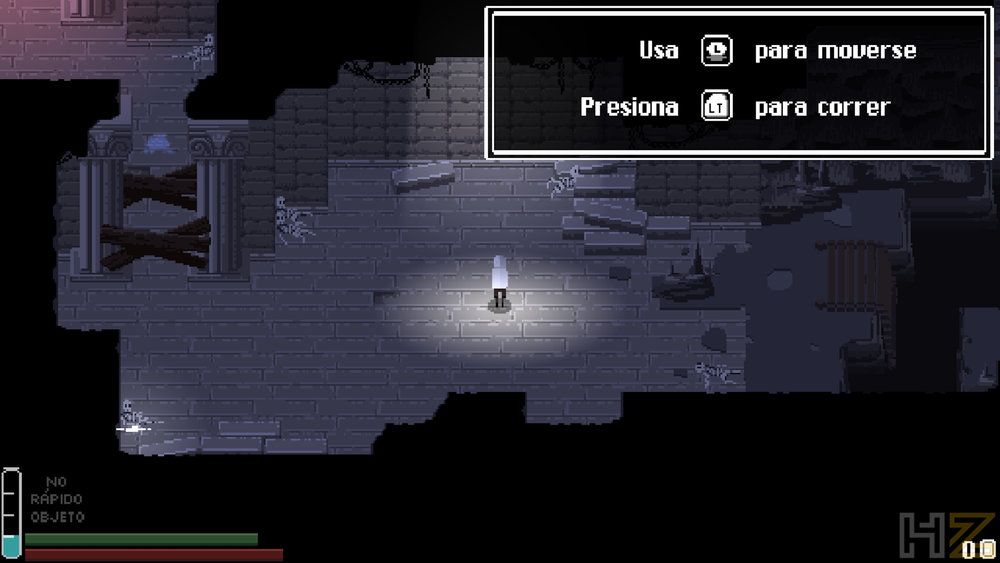 Captura de pantalla del videojuego Fountains en la que se muestra a un personaje en una mazmorra oscura con indicaciones de control en pantalla.