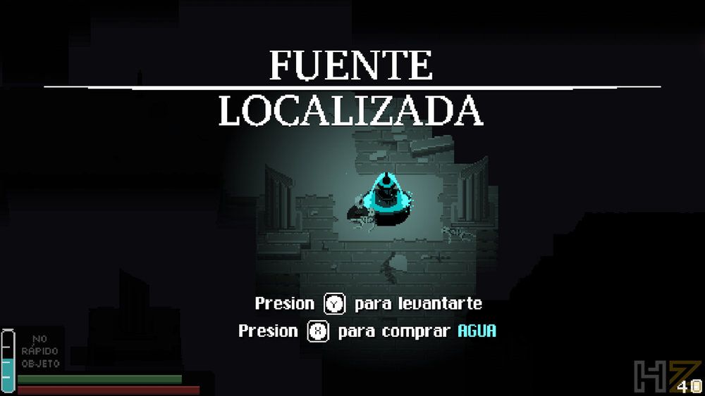 Interfaz del videojuego Fountains que muestra el mensaje Fuente Localizada sobre un mapa oscuro.