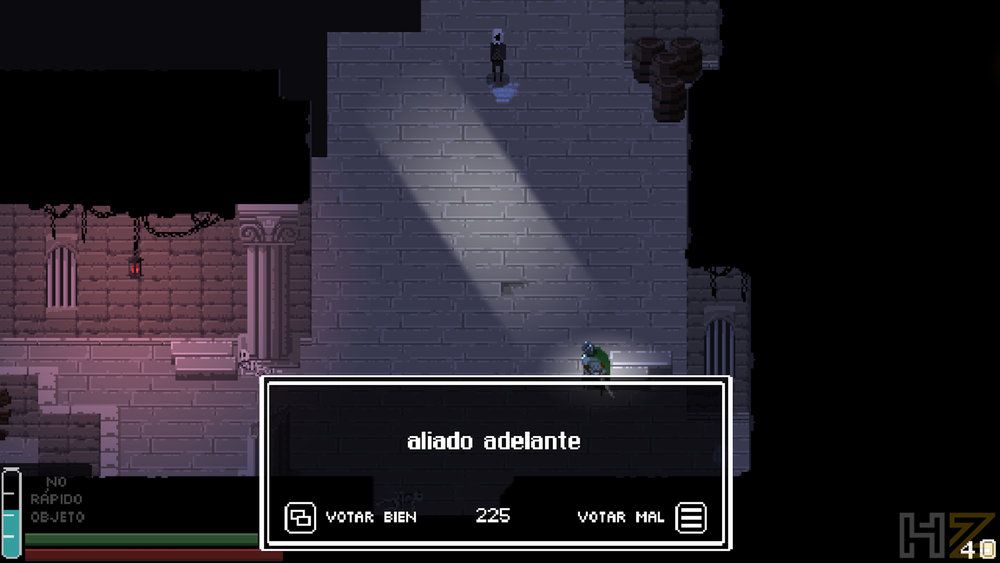 Captura de pantalla del videojuego Fountains en perspectiva cenital mostrando un mensaje emergente de la comunidad en pantalla.