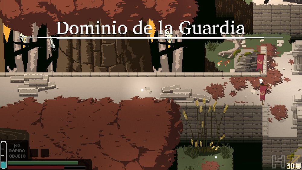 Vista superior en arte pixel de una zona boscosa con el texto Dominio de la Guardia en pantalla.