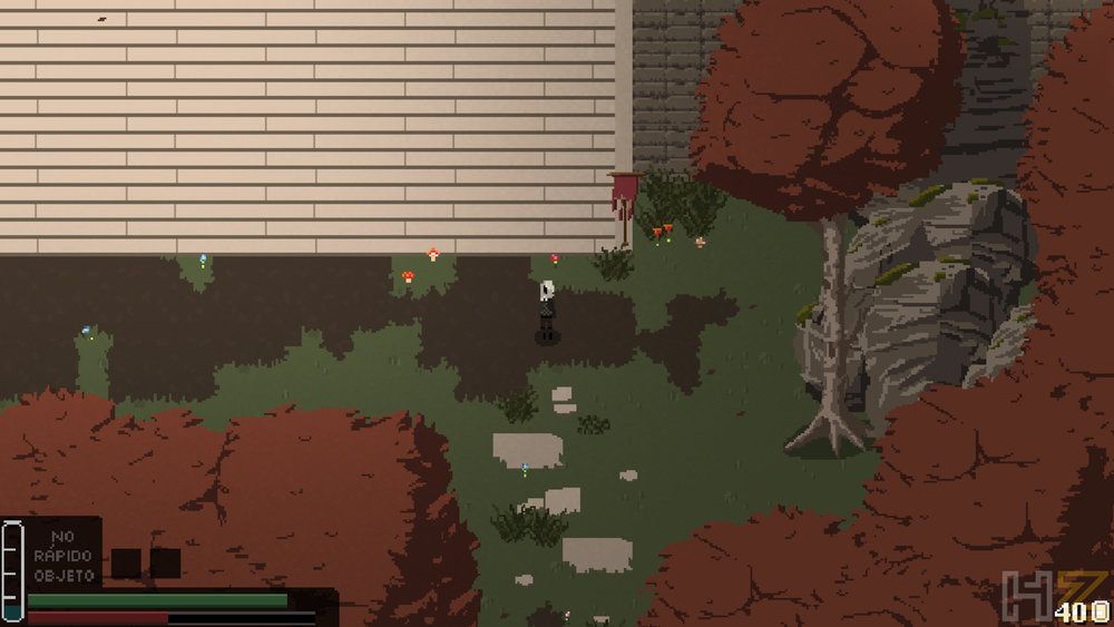 Entorno exterior en el videojuego Fountains con perspectiva cenital y estética pixel art.