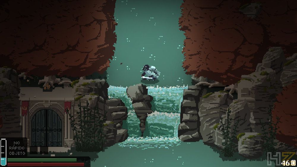 Captura de pantalla del videojuego Fountains en estilo pixel art mostrando al personaje saltando sobre una cascada entre acantilados.