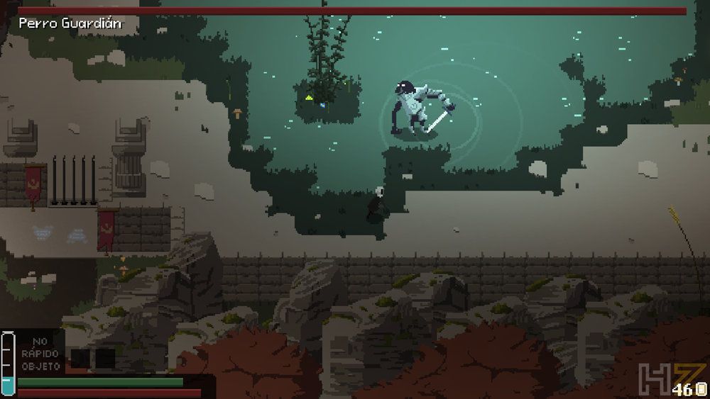 Combate contra el jefe Perro Guardián en una zona de agua con estética pixel art en Fountains.