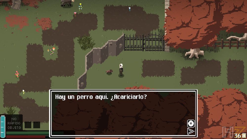 Interfaz del videojuego Fountains en perspectiva cenital mostrando un cuadro de diálogo en español sobre acariciar a un perro.