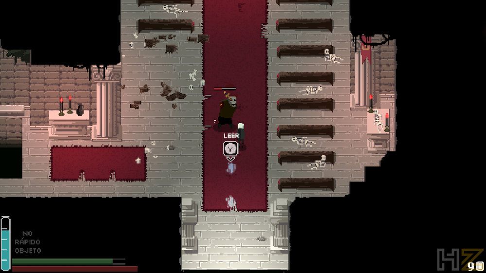 Vista superior de un personaje en un pasillo con alfombra roja y bancos laterales en el videojuego Fountains.