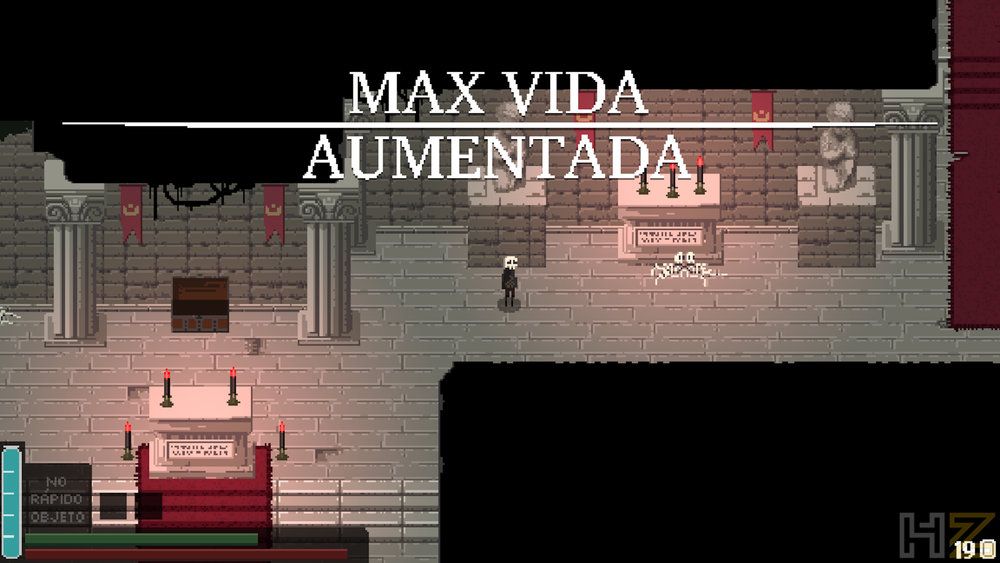 Interfaz de Fountains mostrando el mensaje Max Vida Aumentada en un escenario de estilo pixel art con altares y estatuas.