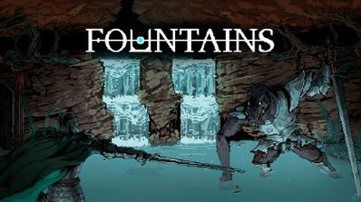 Ilustración de estilo cómic del videojuego Fountains con un guerrero enfrentándose a una criatura frente a una cascada.