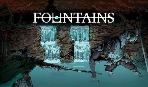 Ilustración de estilo cómic del videojuego Fountains con un guerrero enfrentándose a una criatura frente a una cascada.