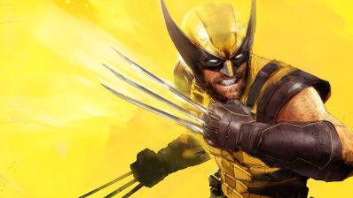 Ilustración de Lobezno con su traje amarillo y azul clásico desplegando sus garras de adamantium sobre un fondo amarillo brillante.