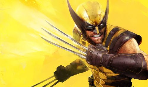 Ilustración de Lobezno con su traje amarillo y azul clásico desplegando sus garras de adamantium sobre un fondo amarillo brillante.