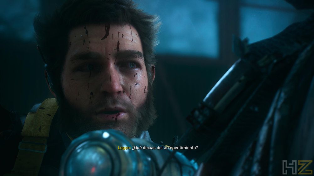 Primer plano de Logan con heridas en el rostro durante una secuencia del videojuego Marvel's Wolverine.