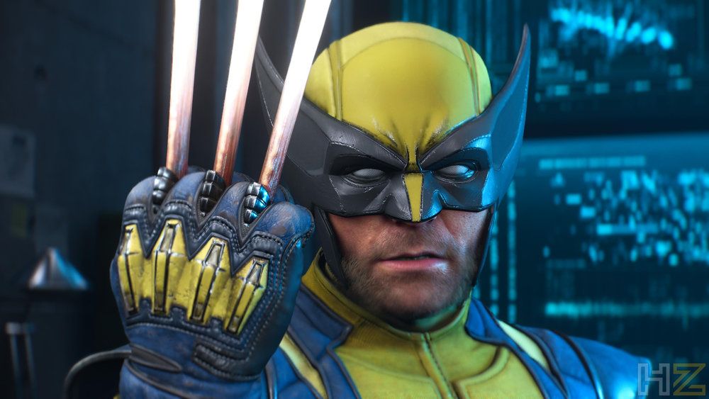 Primer plano de Lobezno con su traje clásico amarillo y azul mostrando sus garras de adamantium.