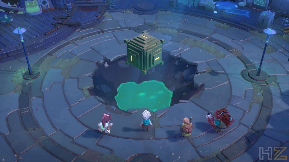 Cuatro personajes observan un cubo tecnológico flotando sobre un foso en Moonlighter 2: The Endless Vault.