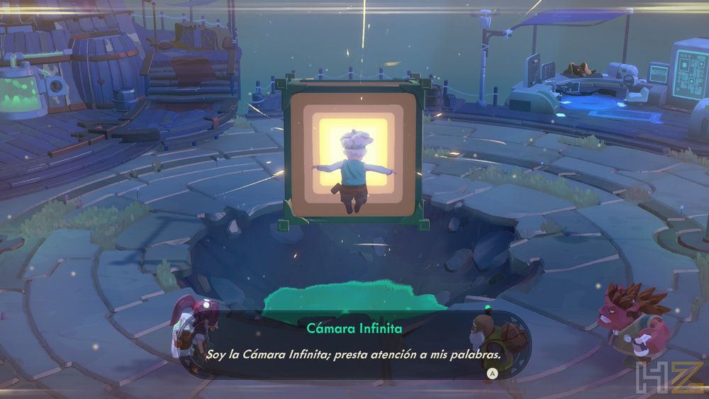 Interfaz de diálogo con la Cámara Infinita en un escenario circular de Moonlighter 2 The Endless Vault.