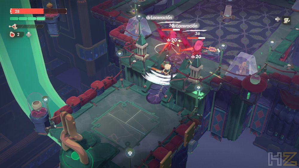 Combate en perspectiva isométrica dentro de una mazmorra técnica en Moonlighter 2: The Endless Vault.