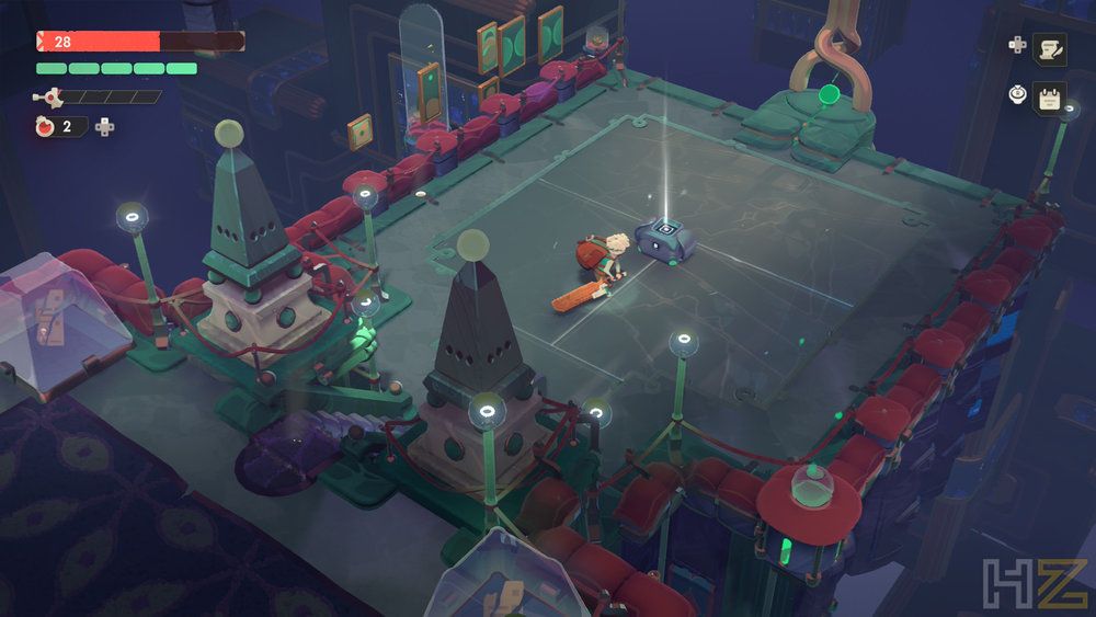 Vista isométrica de un personaje explorando una sala con estructuras tecnológicas y un haz de luz en Moonlighter 2: The Endless Vault.