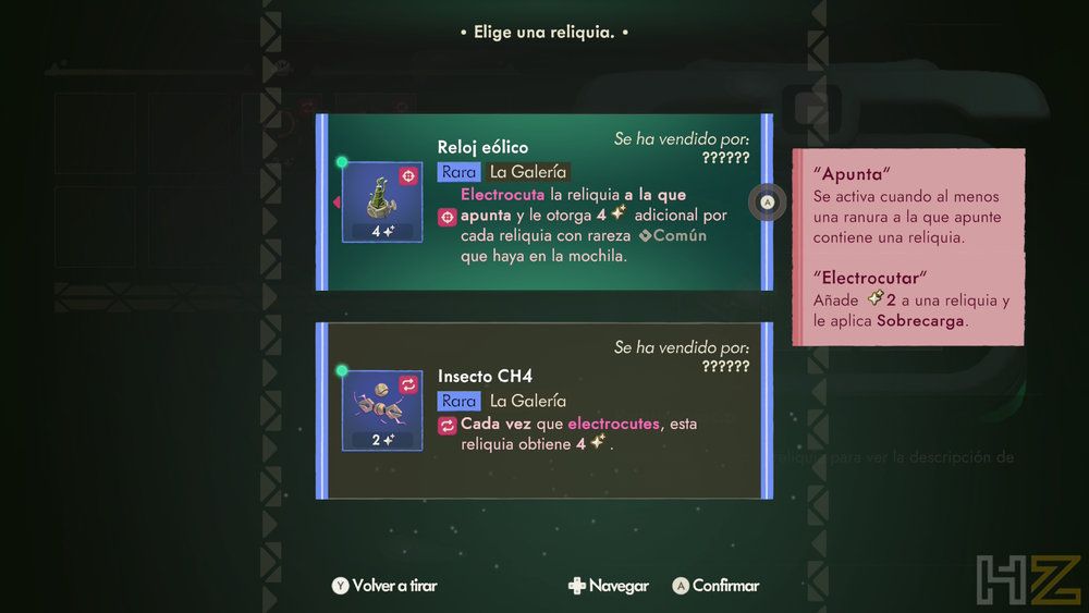 Menú de selección de reliquias en Moonlighter 2: The Endless Vault con descripciones de objetos y efectos.