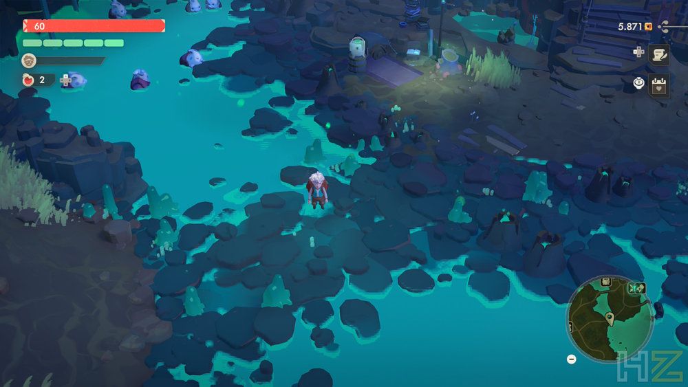 Vista aérea de un personaje explorando una zona con agua turquesa y rocas oscuras en Moonlighter 2: The Endless Vault.