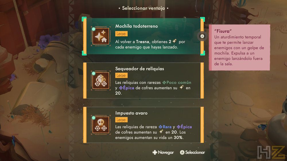 Menú de selección de ventajas en Moonlighter 2: The Endless Vault con tres opciones: Mochila todoterreno, Saqueador de reliquias e Impuesto avaro.
