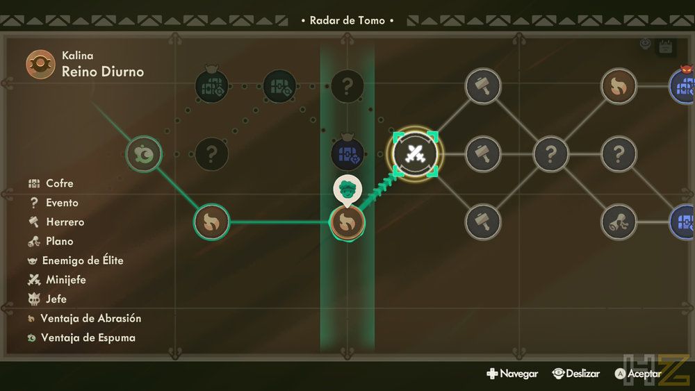 Mapa de progreso en el videojuego Moonlighter 2: The Endless Vault que muestra diferentes rutas, iconos de eventos y el radar de tomo.