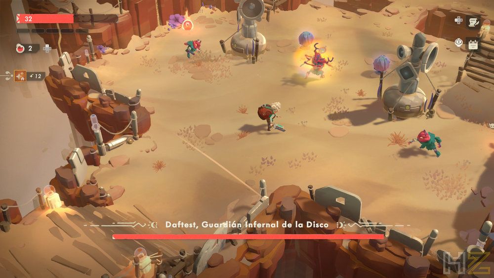 Combate en Moonlighter 2 The Endless Vault contra el jefe Defrust, Guardián Infernal de la Disco en un escenario desértico.