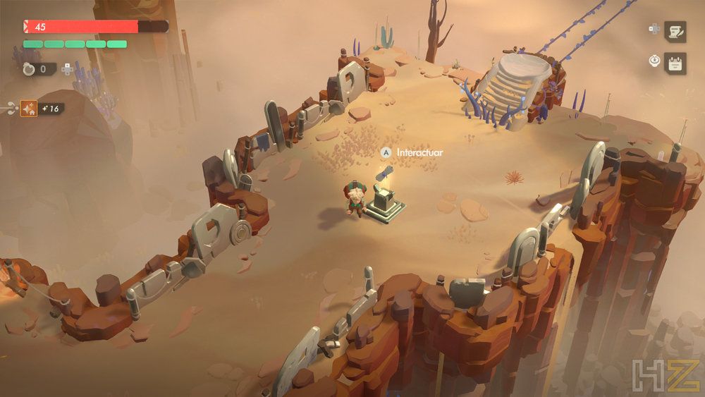 Vista isométrica de un personaje interactuando con un objeto en una zona desértica de Moonlighter 2 The Endless Vault.