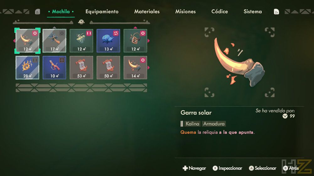 Interfaz del menú de mochila en Moonlighter 2: The Endless Vault mostrando la gestión de objetos y materiales.