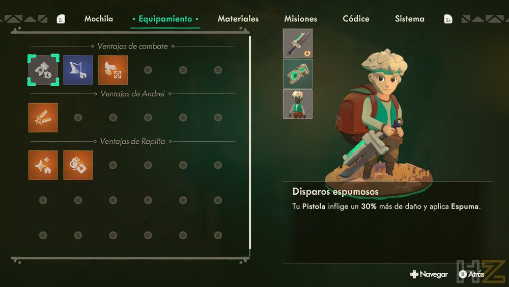 Menú de gestión de equipamiento y ventajas en el videojuego Moonlighter 2: The Endless Vault.