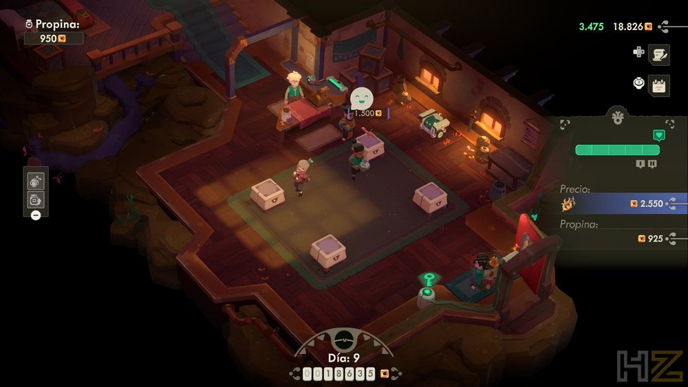 Interior de una tienda en el videojuego Moonlighter 2: The Endless Vault con clientes examinando mercancía en expositores.