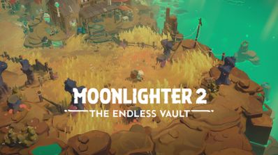 Logotipo de Moonlighter 2: The Endless Vault sobre una captura del mundo del juego con perspectiva isométrica.