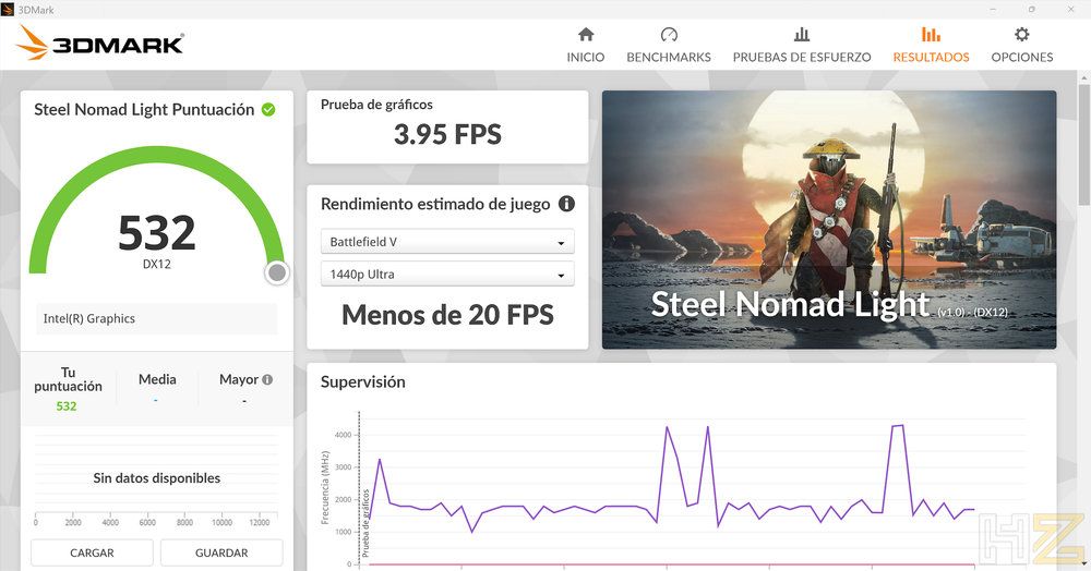 Interfaz de 3DMark mostrando los resultados de la prueba Steel Nomad Light con una puntuación de 532.