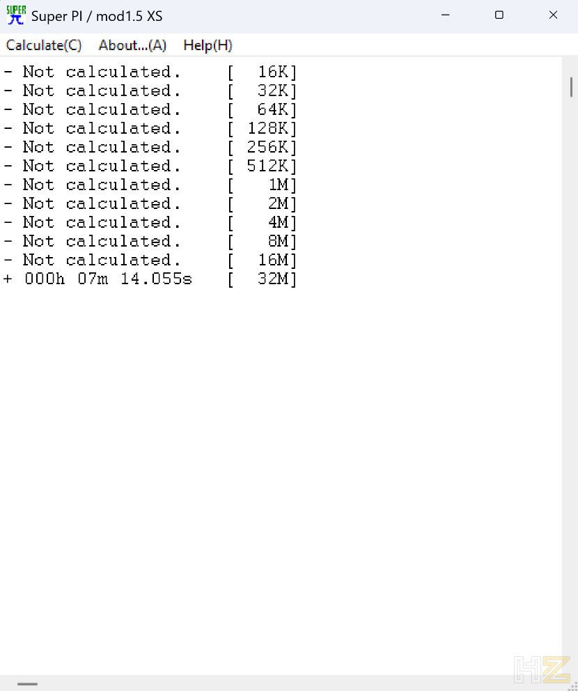 Interfaz de software Super PI mod1.5 XS mostrando el resultado de una prueba de rendimiento de 32M.