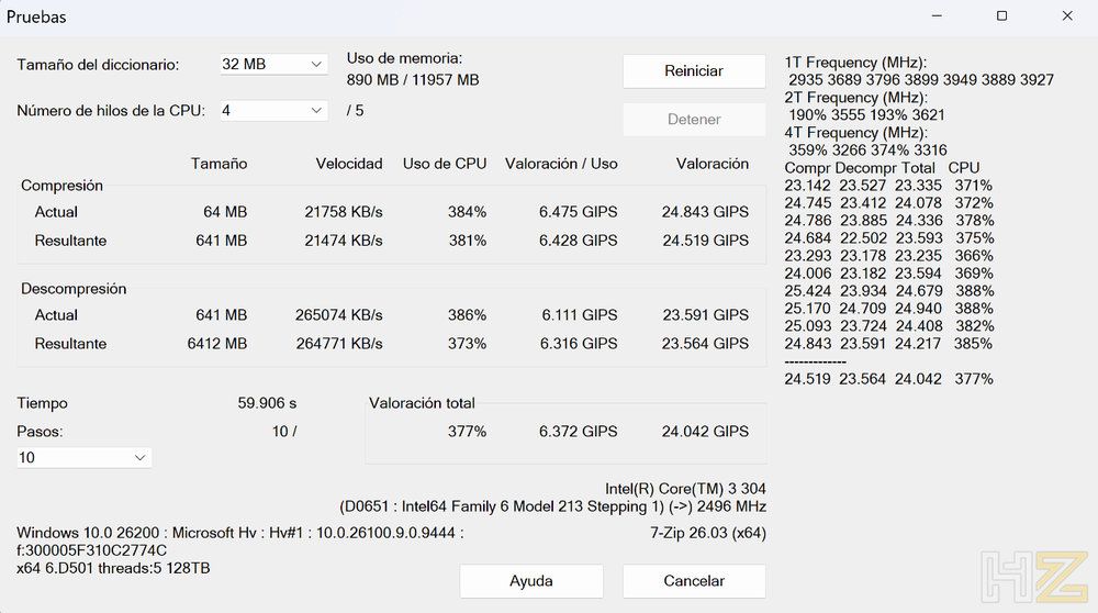 Interfaz de la prueba de rendimiento de 7-Zip ejecutándose en un procesador Intel Core 3 100U.