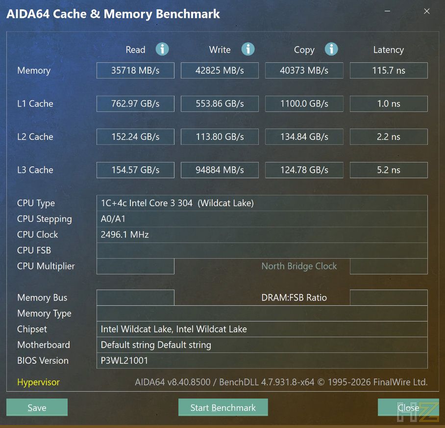 Resultados del test AIDA64 Cache & Memory Benchmark para el procesador Intel Core 3 304.