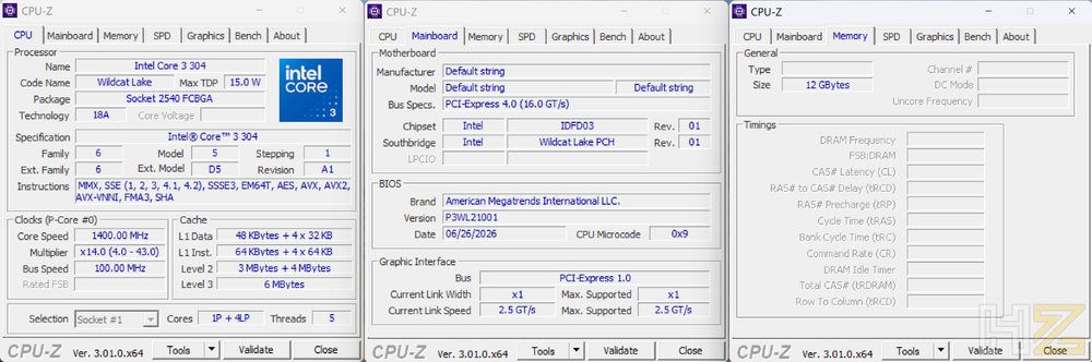 Tres ventanas de la herramienta CPU-Z mostrando información técnica del procesador Intel Core i7 12650H, la placa base y la memoria RAM en el NiPoGi P2.